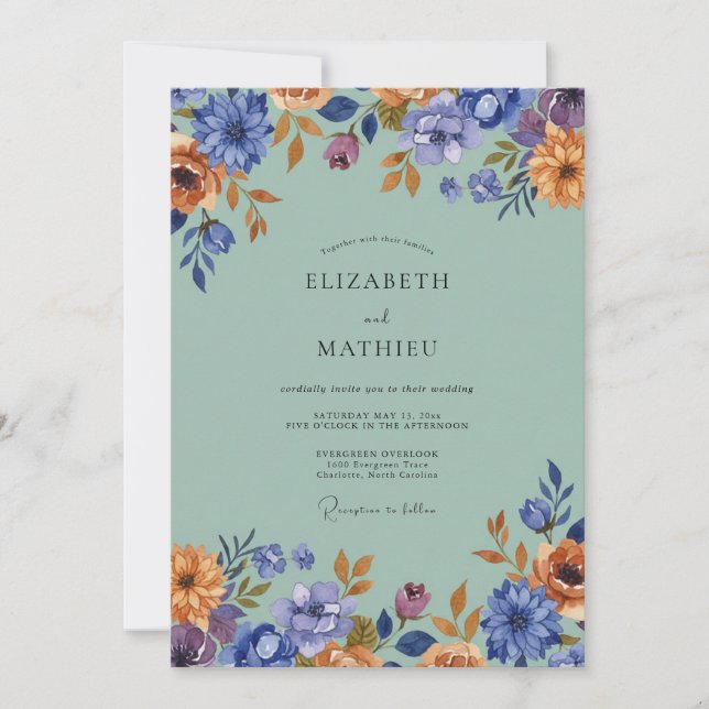 Invitation Mariage Fleur Sauvage Azurée sur Fond Mousse de Me (Devant)