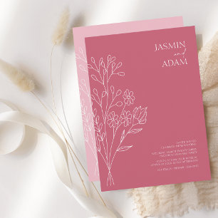 Invitation Mariage Fleur sauvage blanc magenta rose minimal