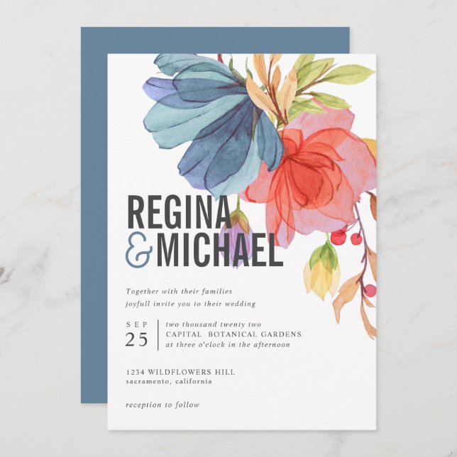 Invitation Mariage Fleur sauvage bleu Aquarelle moderne (Devant / Derrière)