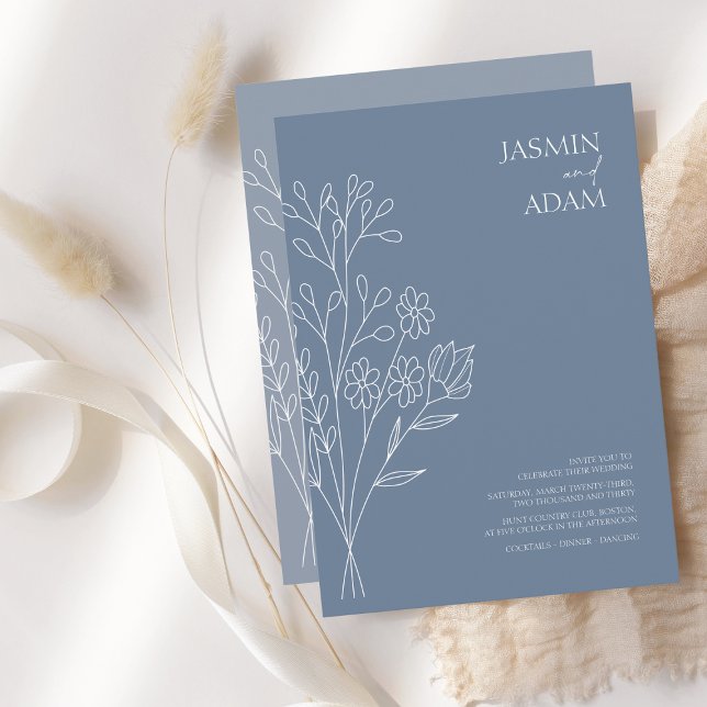 Invitation Mariage Fleur sauvage bleu bleu foncé minimal (Créateur téléchargé)