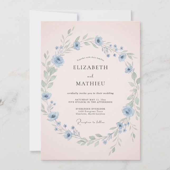 Invitation Mariage Fleur Sauvage Bleu Ciel Dainty Blush (Devant)
