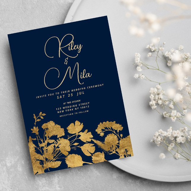 Invitation Mariage fleur sauvage bleu marine de luxe (Luxury classy navy blue gold wildflower Wedding)