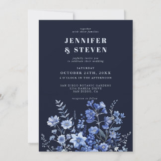 Invitation Mariage Fleur sauvage bleu marine enchanté