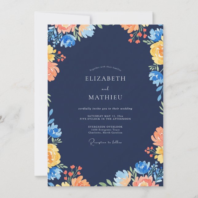 Invitation Mariage Fleur Sauvage Bleu Marine Ocre (Devant)