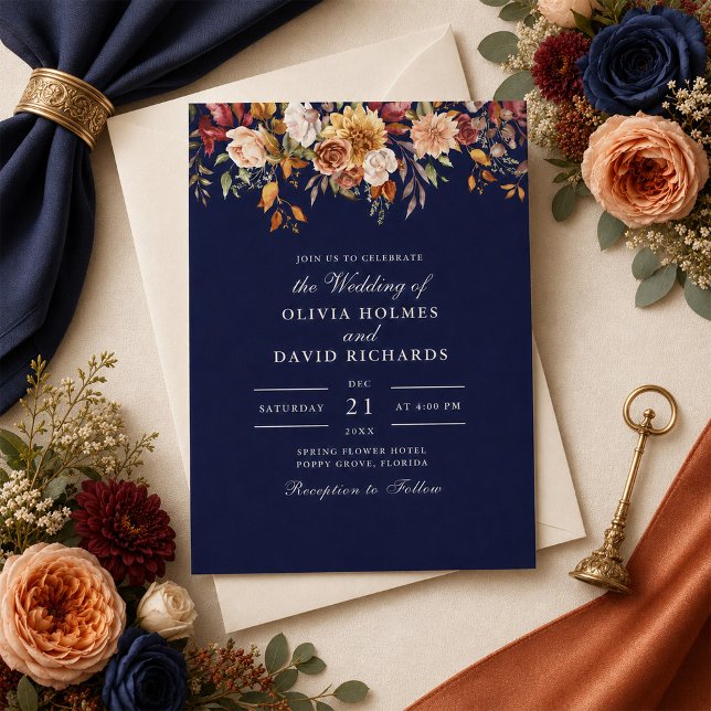 Invitation Mariage Fleur Sauvage Bleu Minuit Brûlé Orange (Créateur téléchargé)