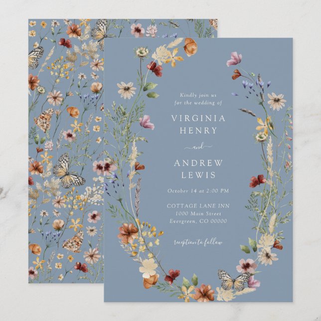 Invitation Mariage Fleur Sauvage Bleu Poussiéreux (Devant / Derrière)