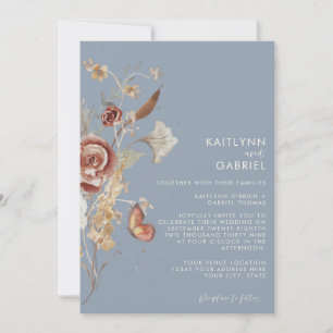 Invitation Mariage Fleur Sauvage Bleu Poussiéreux Aquarelle