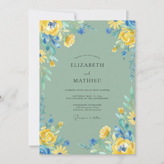 Invitation Mariage Fleur Sauvage Bleuet Moutarde (Devant)