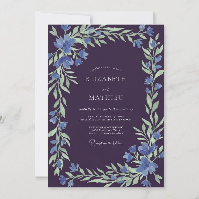 Invitation Mariage Fleur Sauvage Bleuet Prune (Devant)