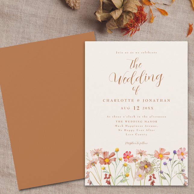 Invitation Mariage Fleur sauvage Boho Fall (Boho Wildflower meadow burnt orange terracotta fall Wedding invitation with elegant modern script )