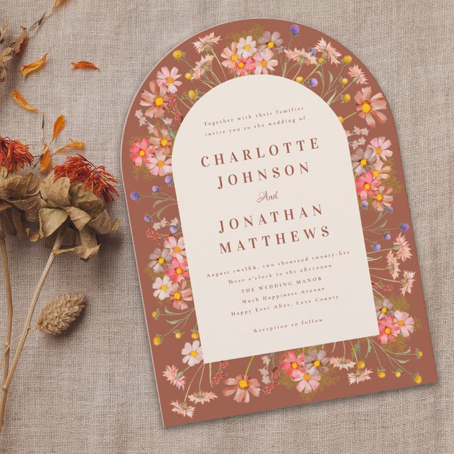 Invitation Mariage Fleur sauvage Boho Fall (Boho rustic wildflower arch fall wedding invitation elegant modern burnt orange terracotta  beige )