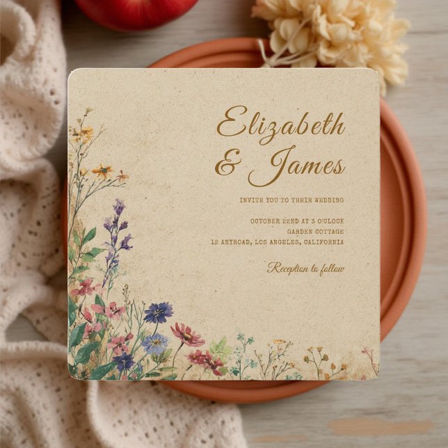 Invitation Mariage Fleur sauvage Boho rustique frontière beig (Créateur téléchargé)