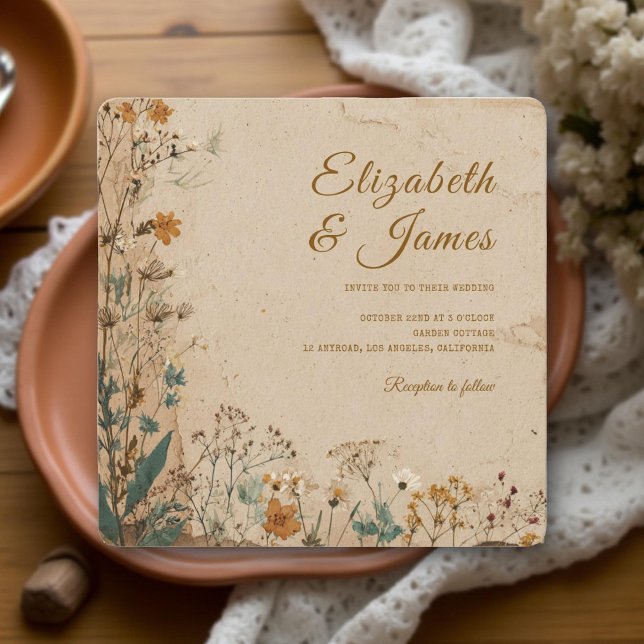 Invitation Mariage Fleur sauvage Boho rustique frontière beig (Créateur téléchargé)