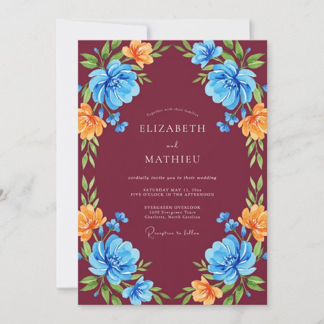 Invitation Mariage Fleur Sauvage Bordeaux Cobalt (Devant)