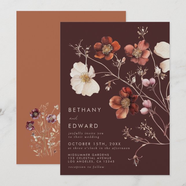 Invitation Mariage Fleur sauvage Brown Watercolor Fall (Devant / Derrière)