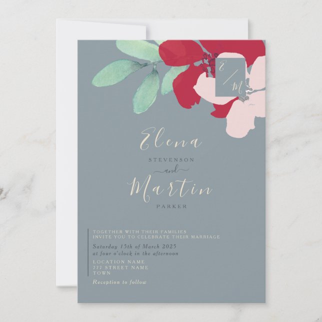 Invitation Mariage fleur sauvage Burgundy & Dusty Blue (Devant)