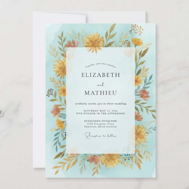 Invitation Mariage Fleur Sauvage Ciel Doré (Devant)
