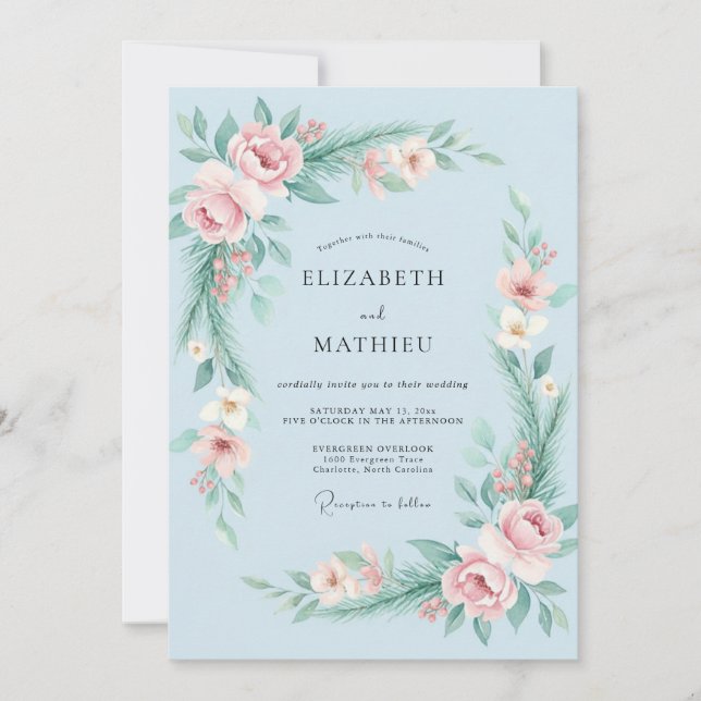 Invitation Mariage Fleur Sauvage Ciel Rosé (Devant)