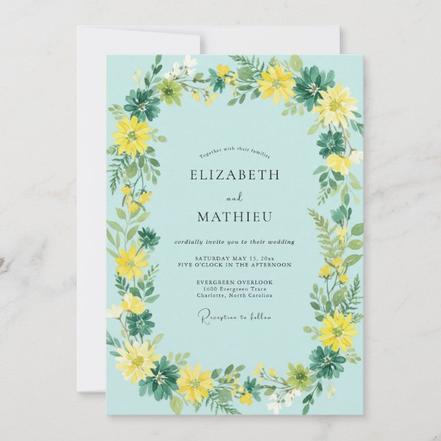Invitation Mariage Fleur Sauvage Citron Cyan (Devant)