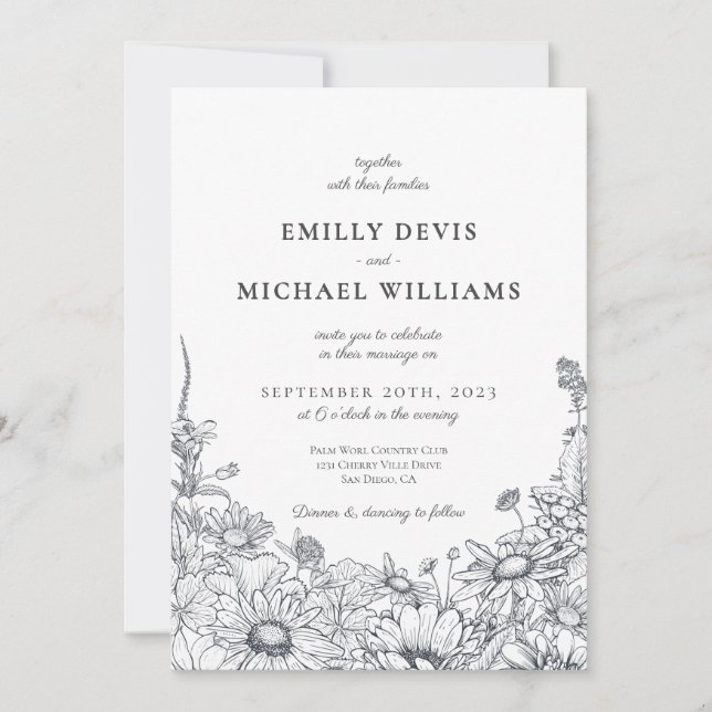 Invitation Mariage fleur sauvage classique élégant (Devant)