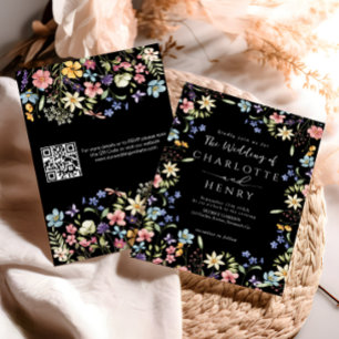 Invitation Mariage Fleur Sauvage Code QR Moderne Noir