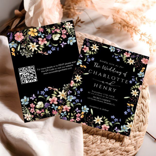 Invitation Mariage Fleur Sauvage Code QR Moderne Noir  (Créateur téléchargé)