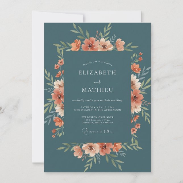 Invitation Mariage Fleur Sauvage Corail Ardoise (Devant)