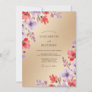 Invitation Mariage Fleur Sauvage Corail Champagne Doré