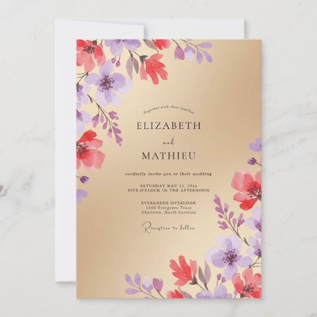 Invitation Mariage Fleur Sauvage Corail Champagne Doré (Devant)