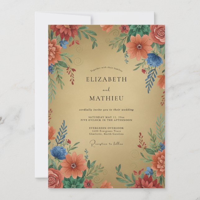 Invitation Mariage Fleur Sauvage Corail Doré (Devant)