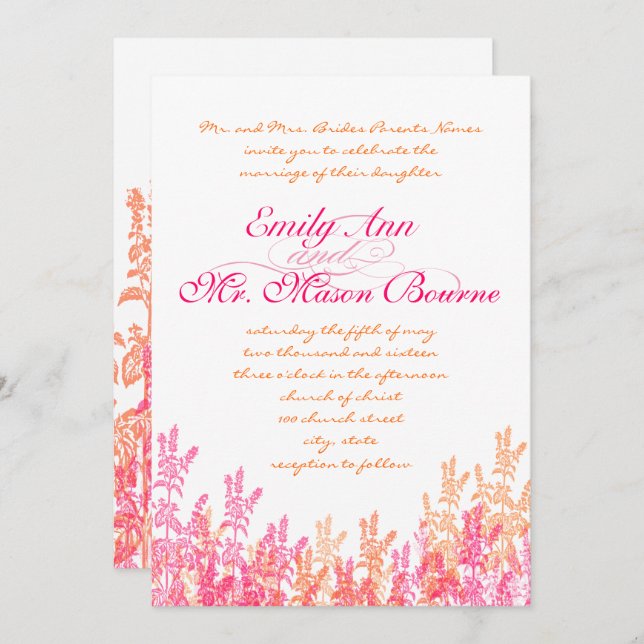 Invitation Mariage Fleur sauvage corail et rose (Devant / Derrière)