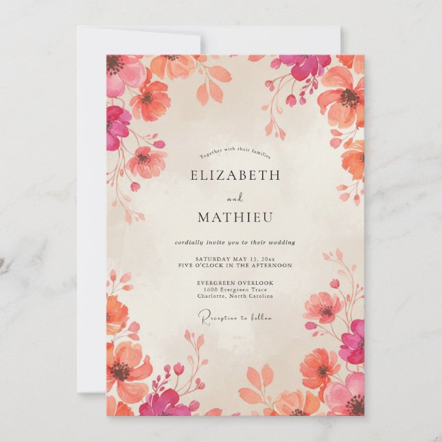 Invitation Mariage Fleur Sauvage Corail Magenta (Devant)