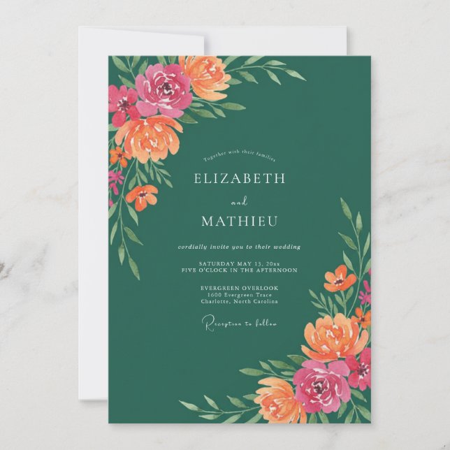 Invitation Mariage Fleur Sauvage Corail Magenta Doux (Devant)
