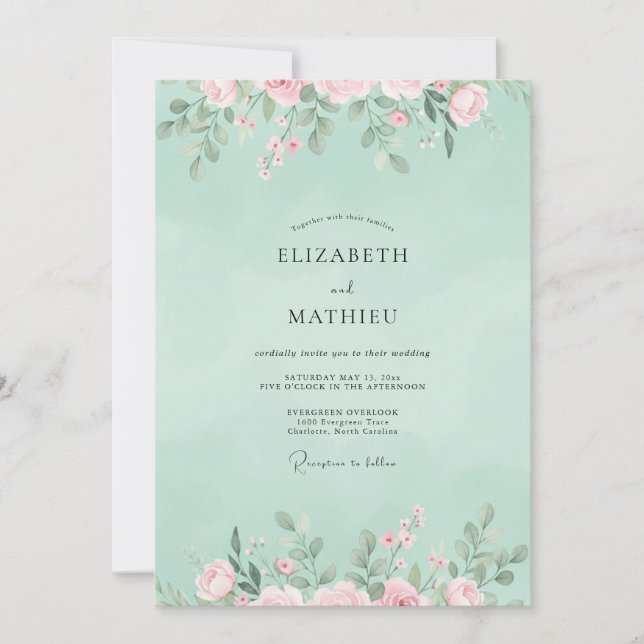 Invitation Mariage Fleur Sauvage Corail Menthe (Devant)