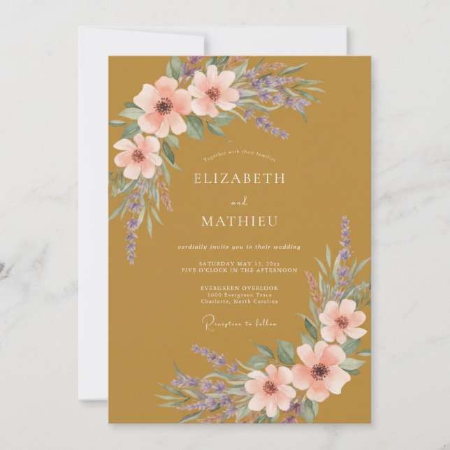 Invitation Mariage Fleur Sauvage Corail Moutarde (Devant)