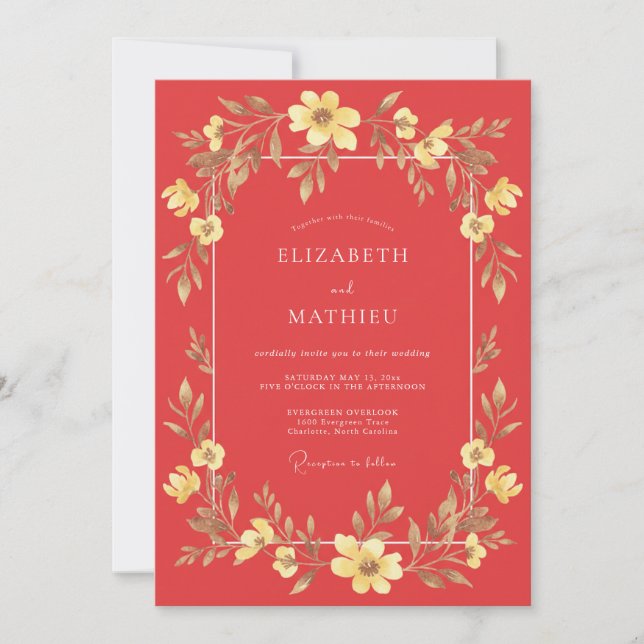 Invitation Mariage Fleur Sauvage Corail Or (Devant)