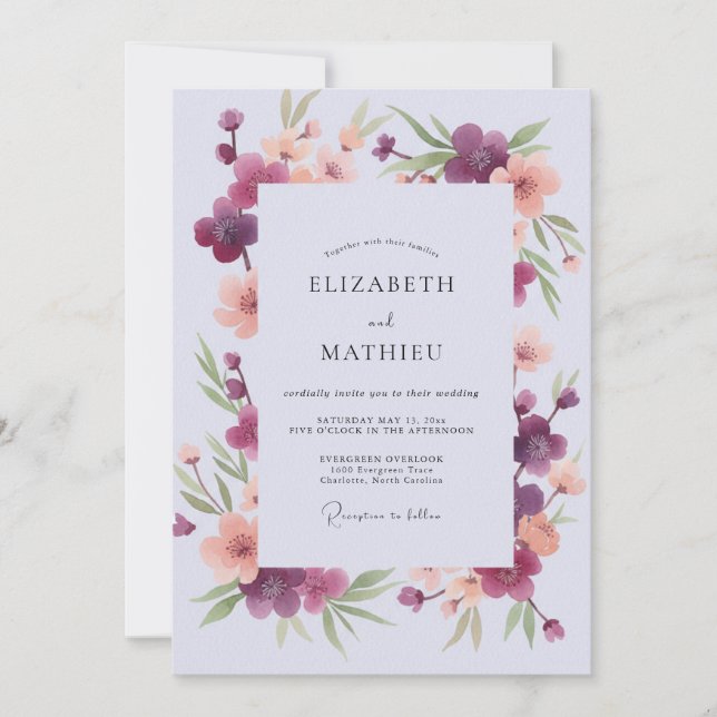 Invitation Mariage Fleur Sauvage Corail Prune (Devant)