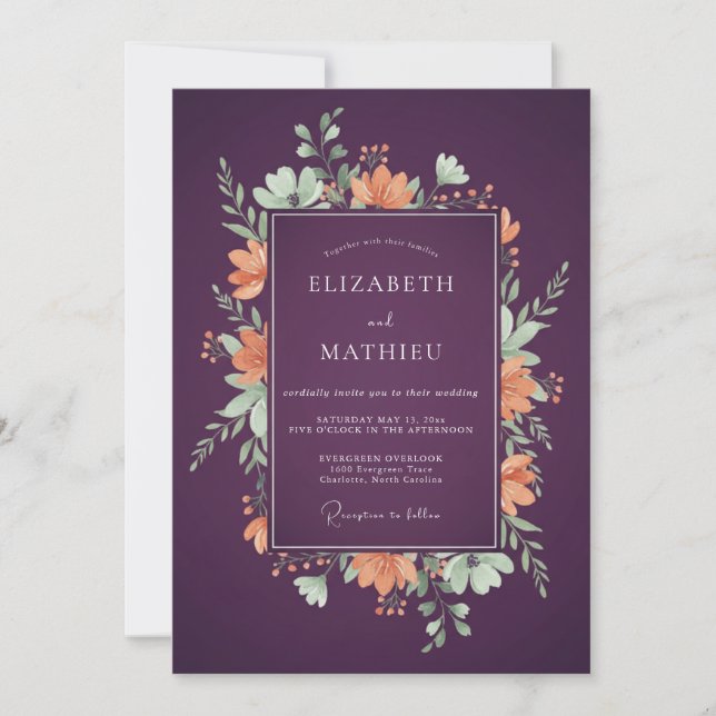 Invitation Mariage Fleur Sauvage Corail Rouge Prunier (Devant)