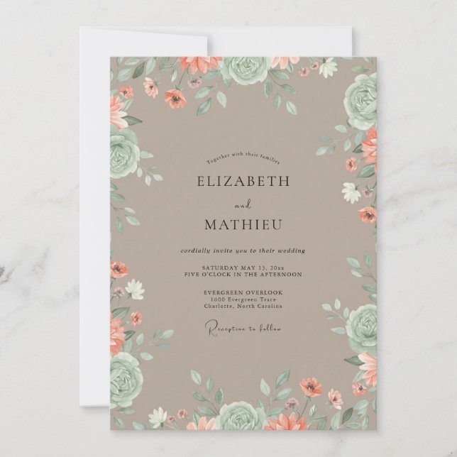 Invitation Mariage Fleur Sauvage Corail Taupe (Devant)