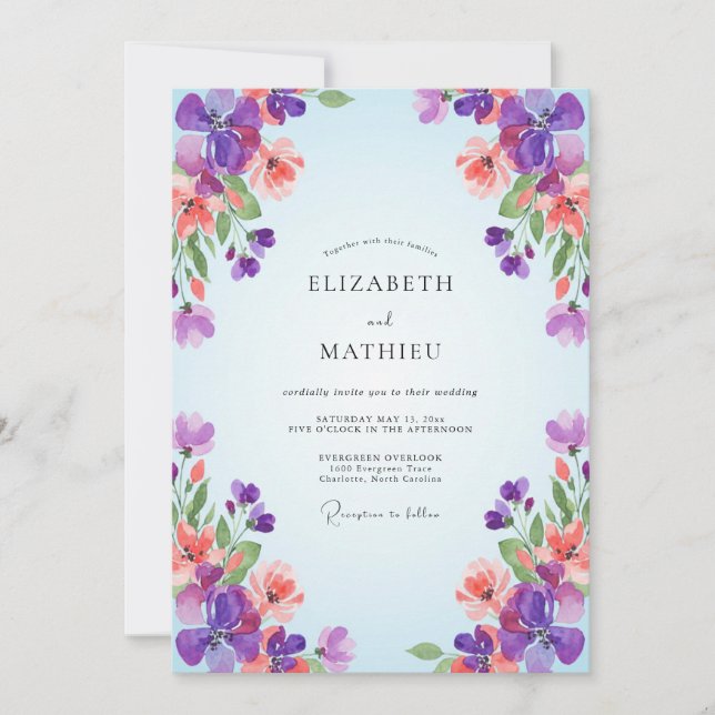 Invitation Mariage Fleur Sauvage Corail Violet (Devant)
