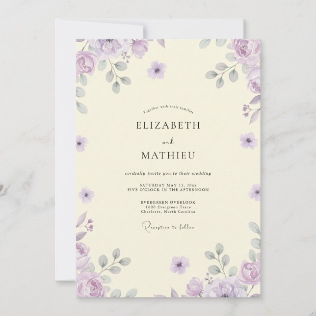 Invitation Mariage Fleur Sauvage Crème Lilas (Devant)
