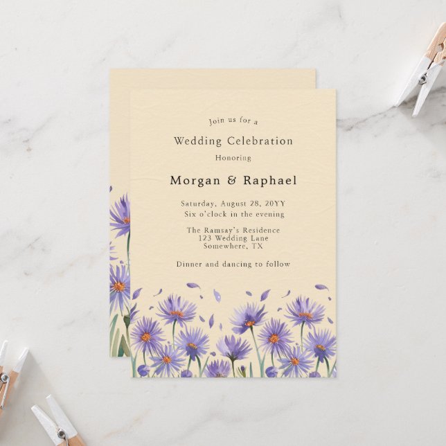 Invitation Mariage Fleur sauvage d'aquarelle Lavender Bloom (Devant/Arrière en situation)