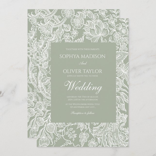 Invitation Mariage Fleur sauvage d'art simple Sage Green Line (Devant / Derrière)