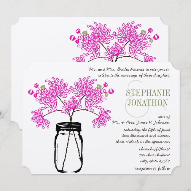 Invitation Mariage Fleur sauvage de mason rose chaud (Devant / Derrière)