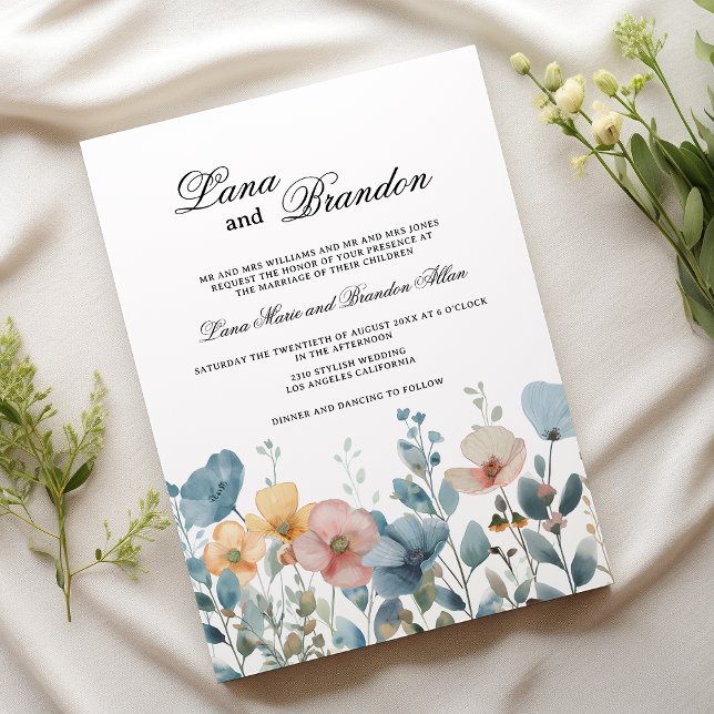 Invitation Mariage fleur sauvage de printemps rose botanique (Botanical pink blue spring wildflowers wedding)