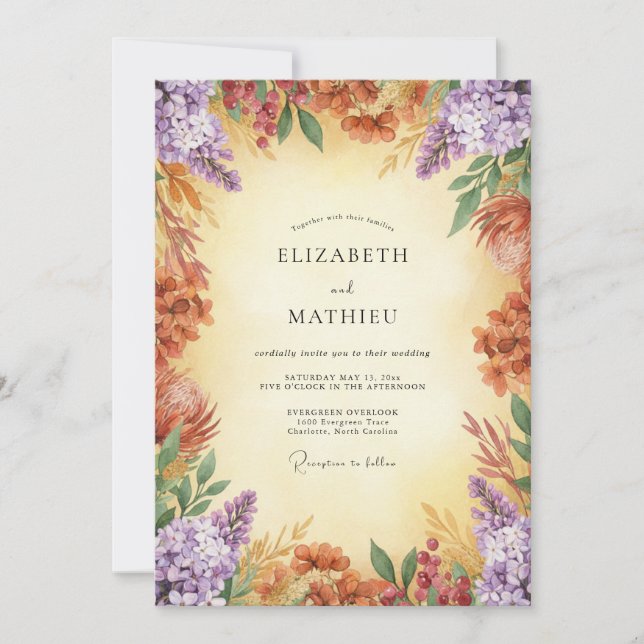 Invitation Mariage Fleur Sauvage de Terracotta Lilas (Devant)