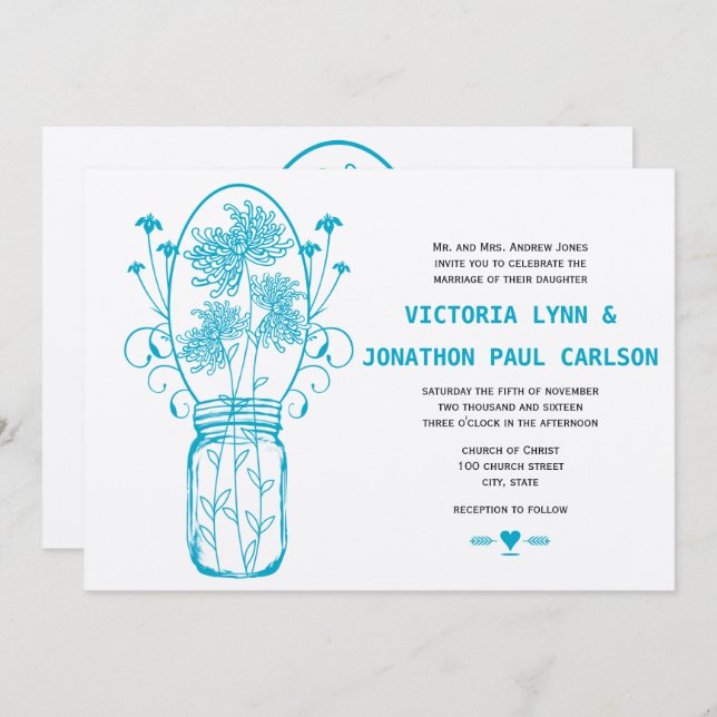 Invitation Mariage Fleur sauvage Die Cut Aqua Blue Mason Jar (Devant / Derrière)
