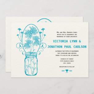 Invitation Mariage Fleur sauvage Die Cut Aqua Blue Mason Jar