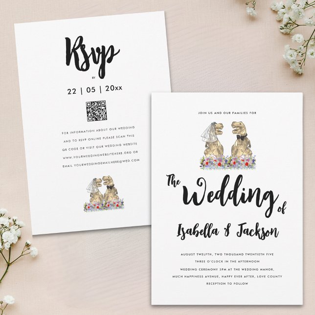 Invitation Mariage Fleur sauvage Dinosaur Bride et Groom Boho (Dinosaur theme wildflower wedding invitation with T-Rex bride and groom wedding website rsvp qr code)