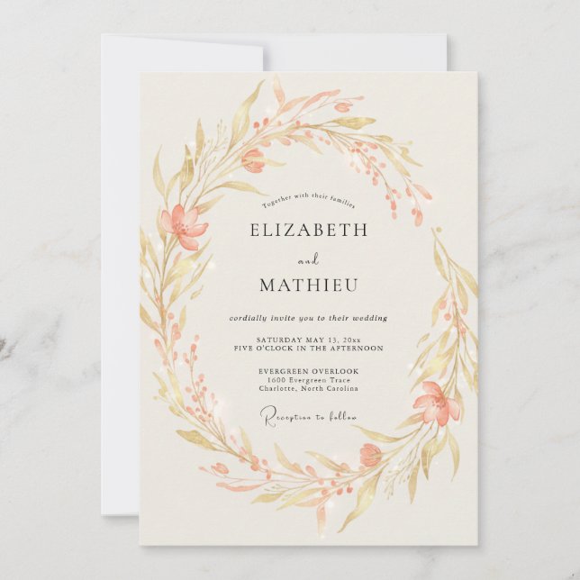 Invitation Mariage Fleur Sauvage Dorée Abricot (Devant)